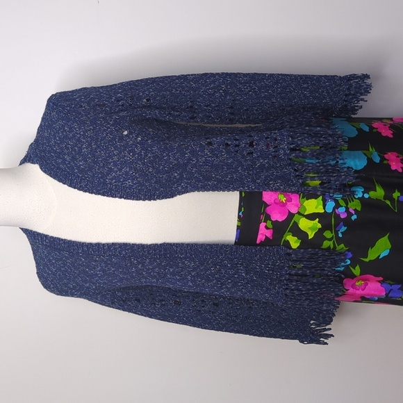 525 America NWT Fringe Cardigan Open Knit Sweater In Navy Combo - Picture 12 of 14